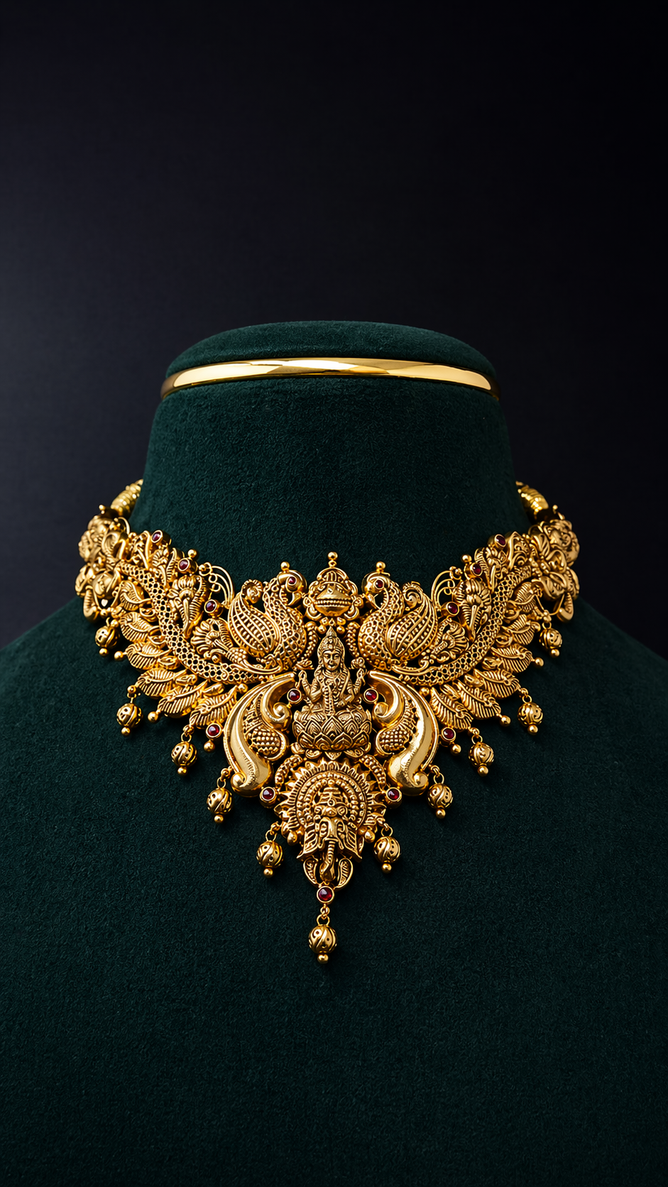 Handcrafted 22K Gold Lakshmi Twin Peacock Temple Choker Necklace featuring twin peacock motifs, Goddess Lakshmi, intricate South Indian temple craftsmanship, and ruby-inspired accents.