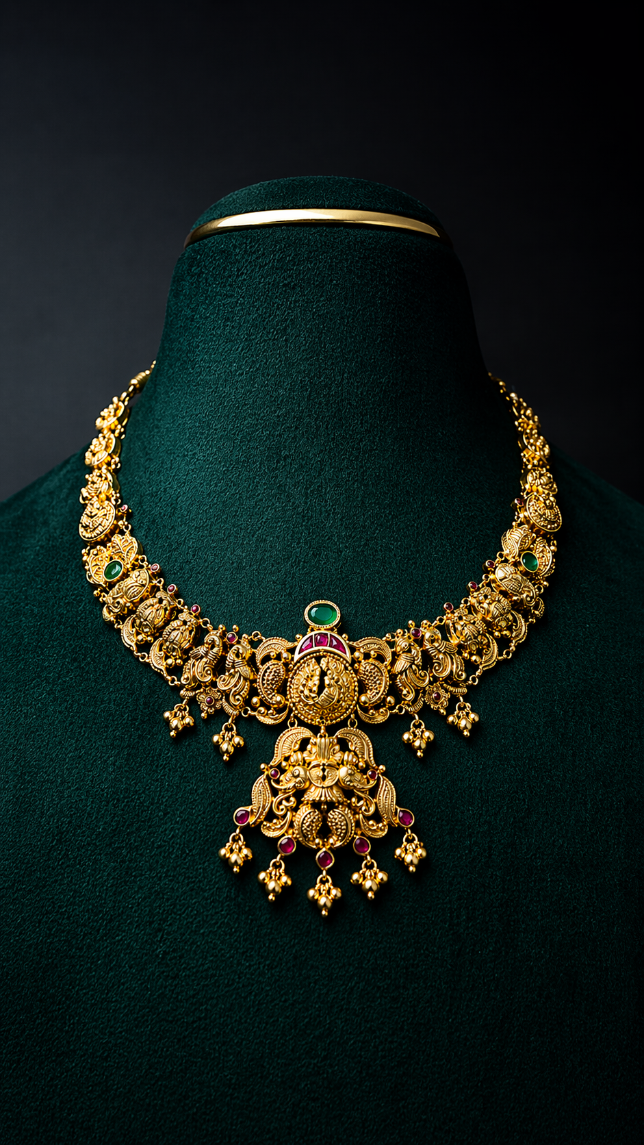 Lightweight 22K gold Lakshmi temple necklace featuring a heritage pendant with decorative coloured accents and hanging gold bead details.