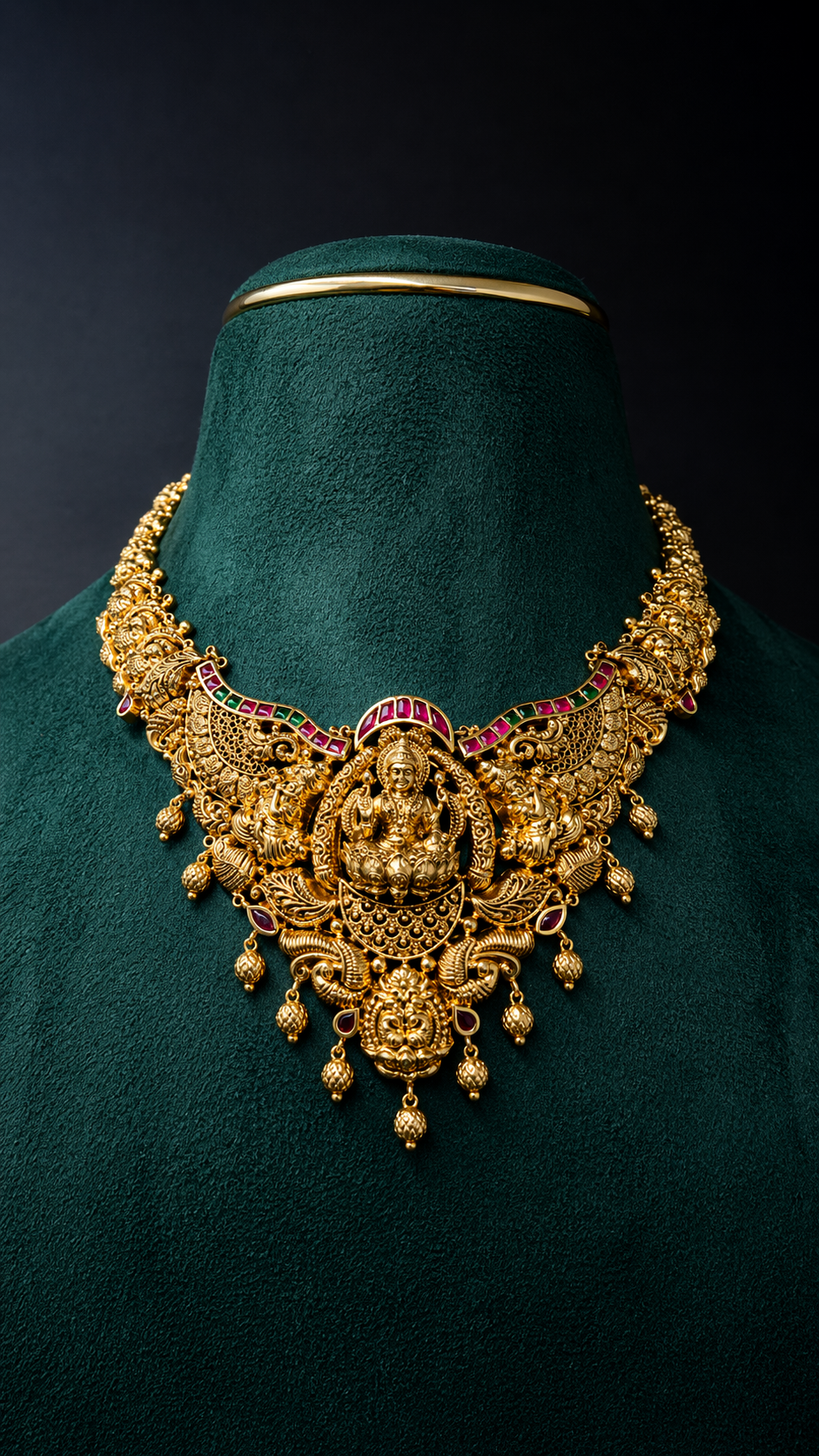 Lightweight 22K gold Lakshmi temple necklace with an ornate royal heritage pendant, decorative coloured accents, peacock motifs, and hanging gold bead details.