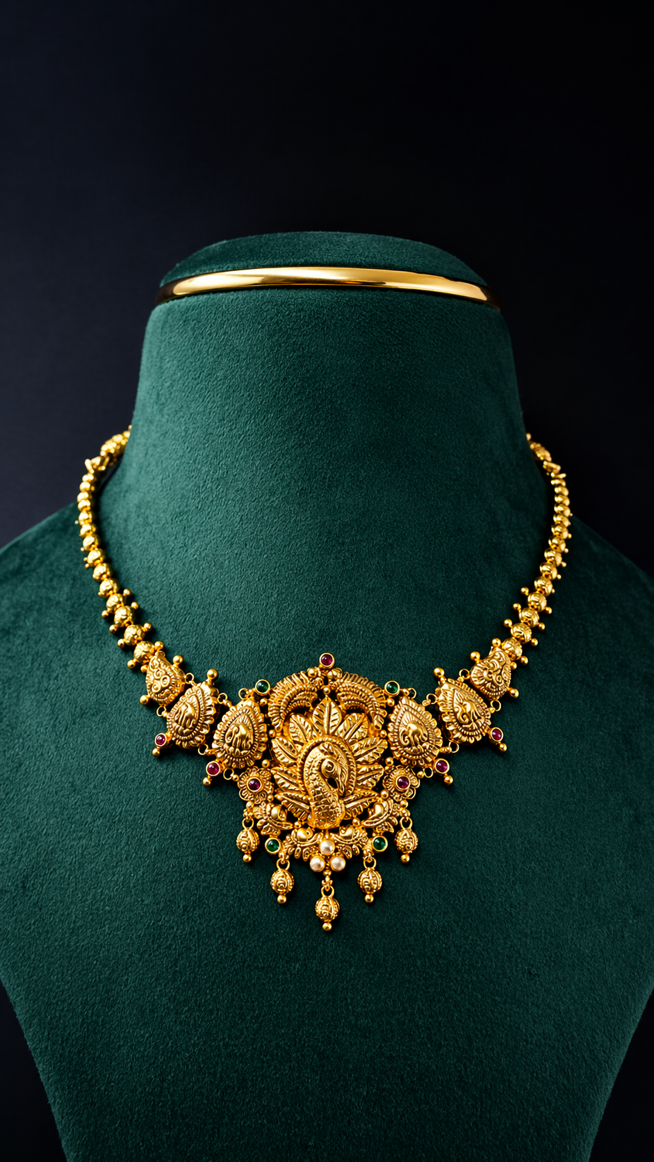 Lightweight 22K gold peacock paisley short necklace with traditional South Indian heritage detailing and coloured accents.