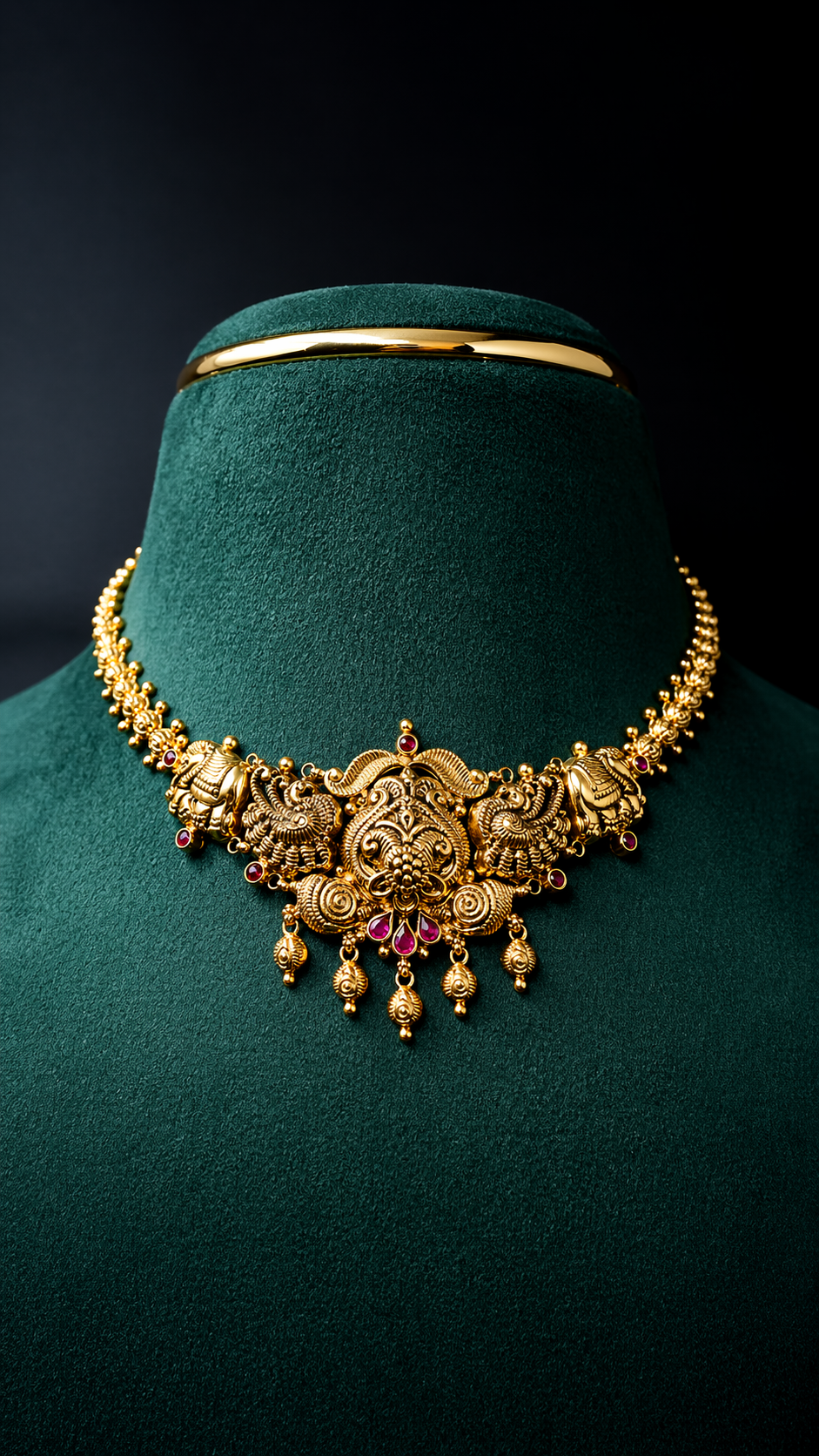 Lightweight 22K gold temple necklace with a royal peacock-inspired heritage centerpiece, decorative coloured accents, and hanging gold bead details.
