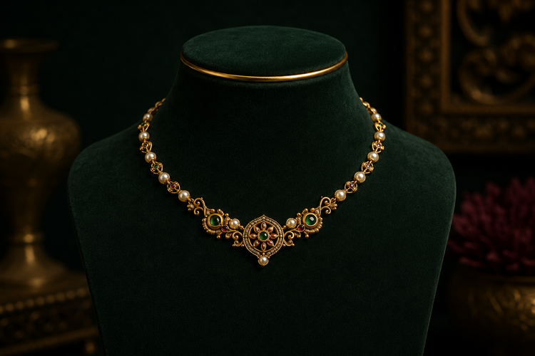 Sculptyx 22K gold short necklace featuring intricate South Indian temple craftsmanship, elegant bridal jewellery design, and luxurious handcrafted detailing.