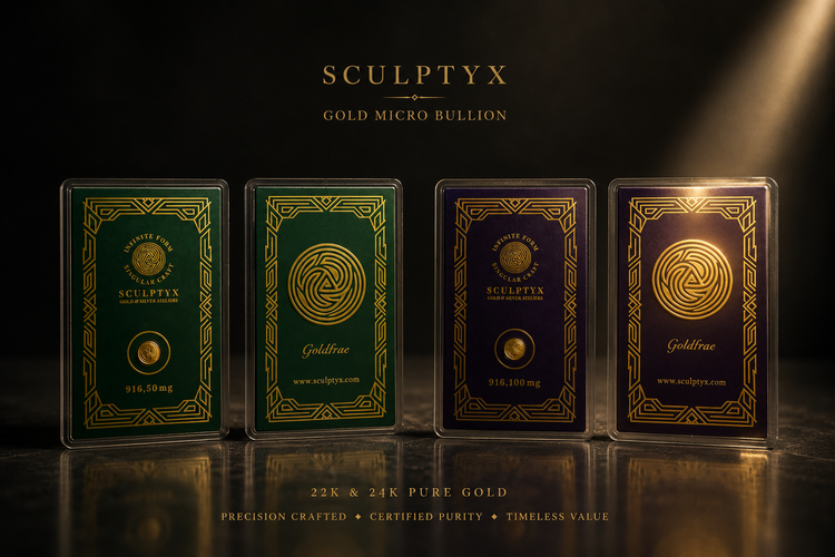 Sculptyx 22K and 24K Gold Micro Bullion collection featuring precision-crafted 50 mg to 150 mg collectible gold pieces for gifting, collecting, and investment.