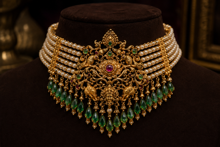 Sculptyx 22K gold temple choker necklace featuring intricate South Indian craftsmanship, Lakshmi motifs, pearls, gemstones, and luxurious bridal jewellery design.