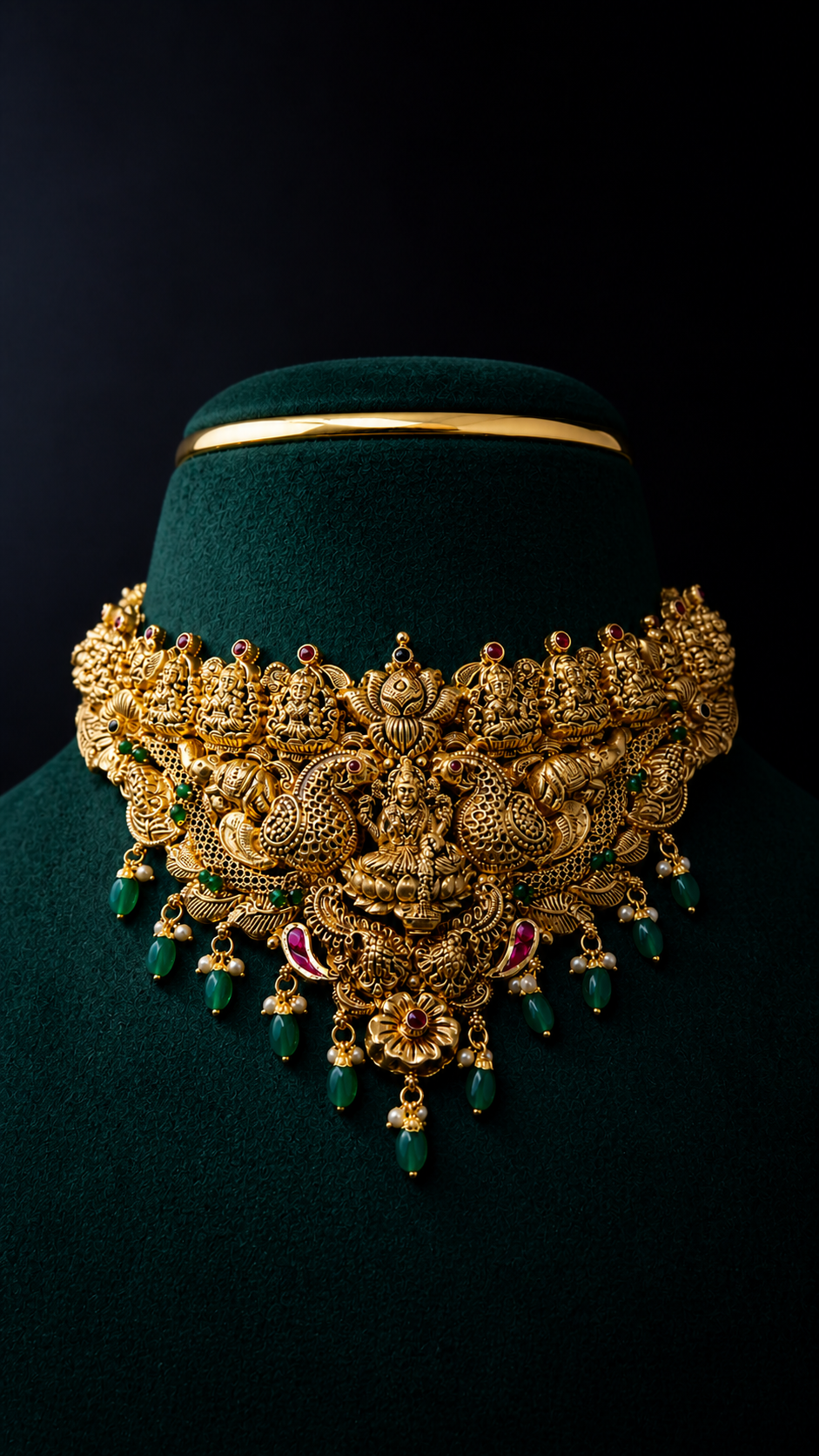 Handcrafted 22K Gold Lakshmi Elephant Temple Choker Necklace featuring traditional South Indian temple motifs, elephant detailing, ruby accents, and green bead drops.