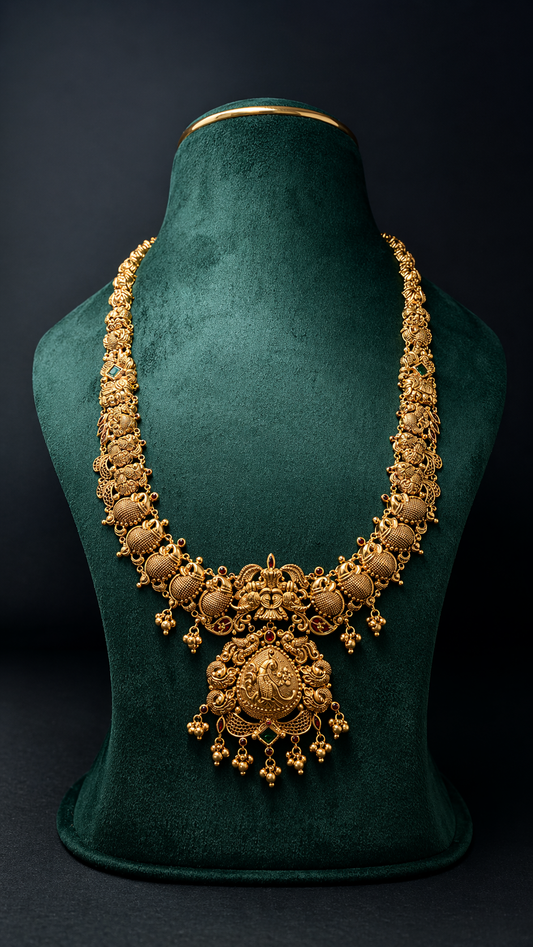 Handcrafted 22K Gold Lakshmi Kasu Temple Haram necklace with traditional coin chain, Nakshi detailing, ruby accents, and South Indian bridal design.