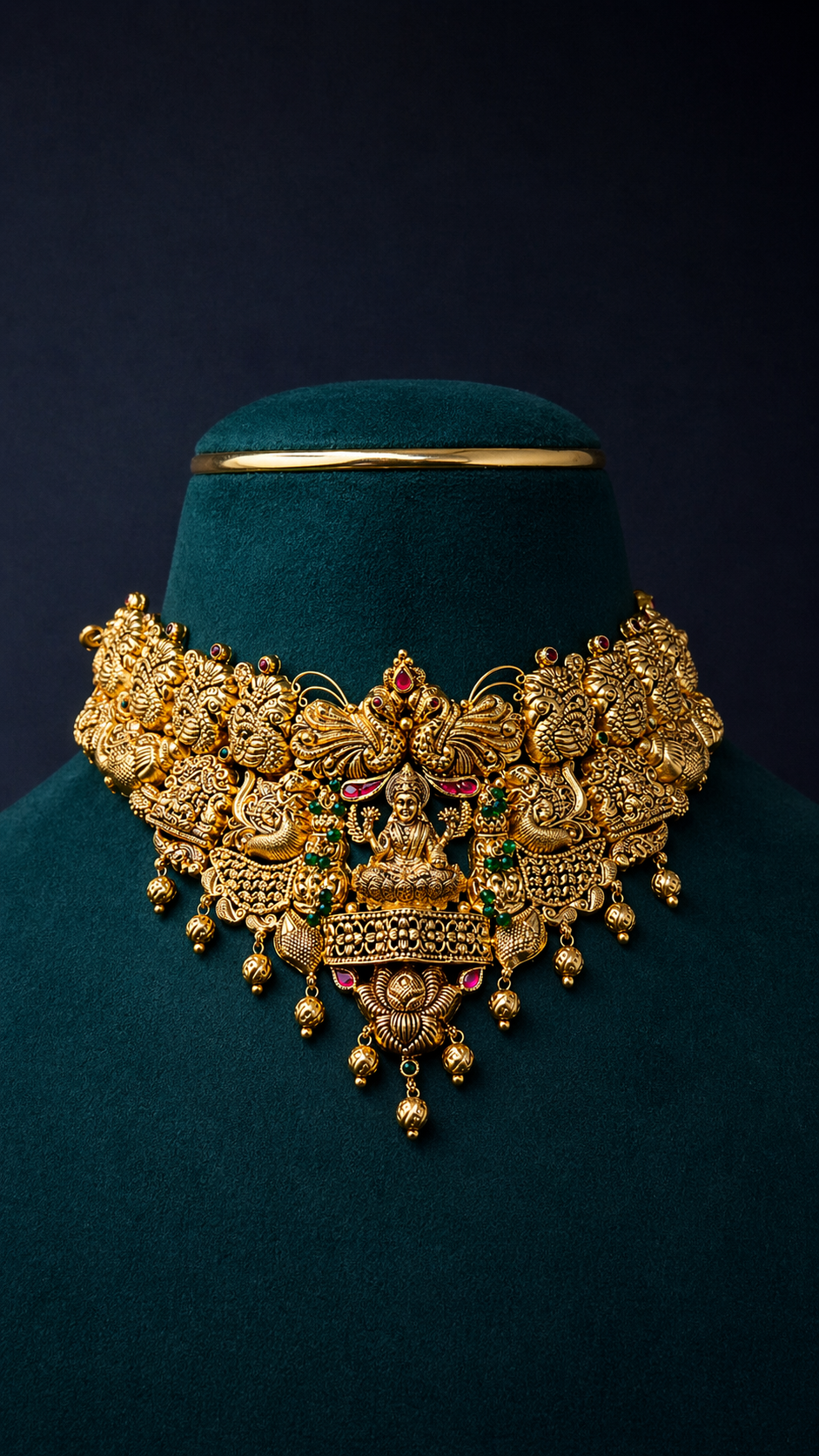 Handcrafted 22K Gold Lakshmi Peacock Heritage Choker Necklace with traditional South Indian temple motifs, peacock detailing, ruby accents, and green stone embellishments.