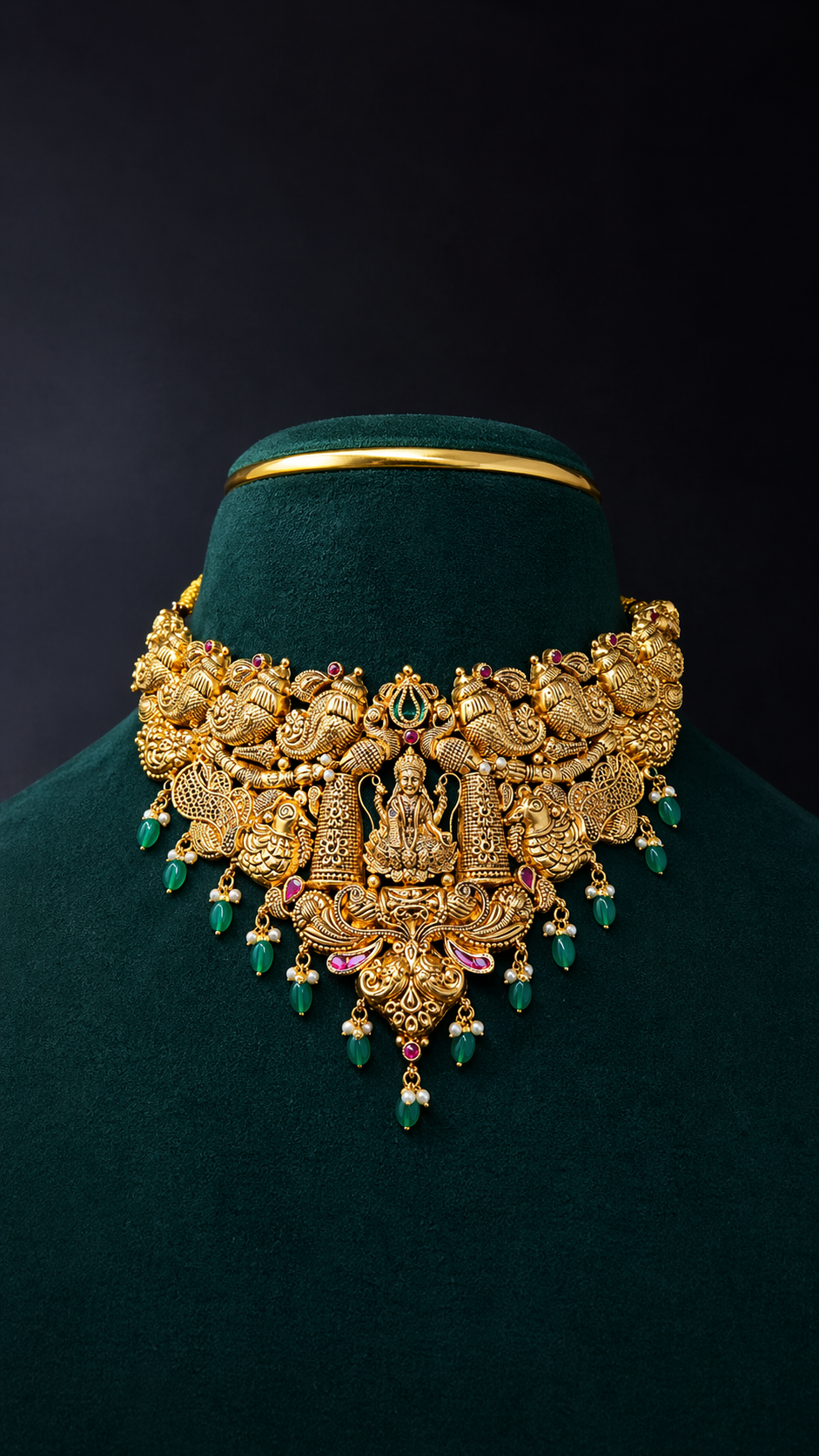 Handcrafted 22K Gold Lakshmi Peacock Temple Choker Necklace with green bead drops and traditional South Indian temple motifs