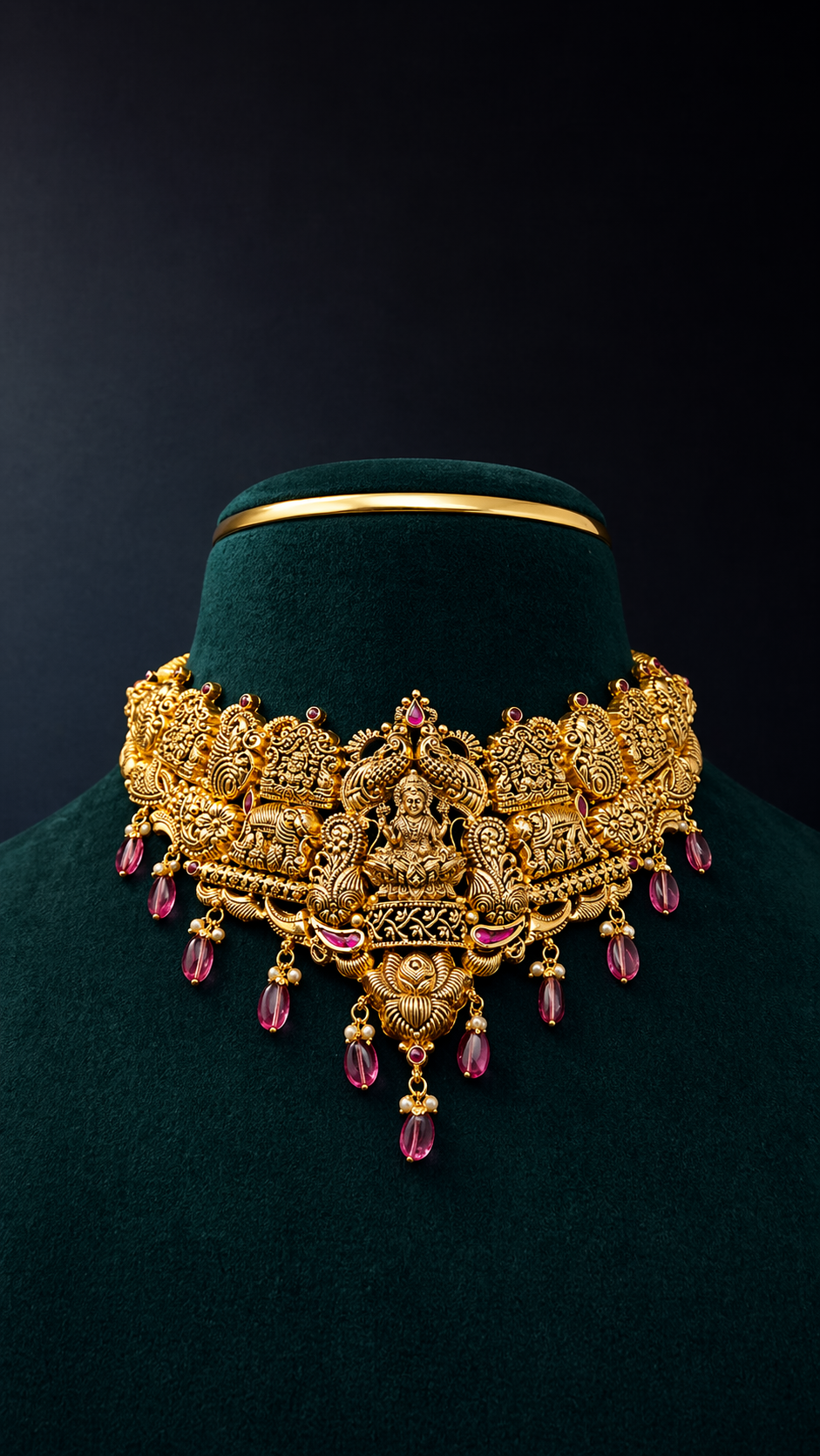 Handcrafted 22K Gold Lakshmi Royal Temple Choker Necklace with peacock, elephant and traditional South Indian temple motifs, ruby accents and ruby bead drops.