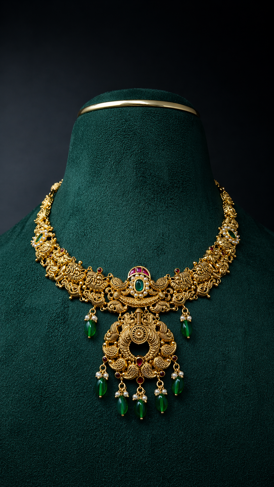 Lightweight 22K gold heritage temple necklace featuring an ornate circular pendant with decorative coloured accents and hanging bead details.