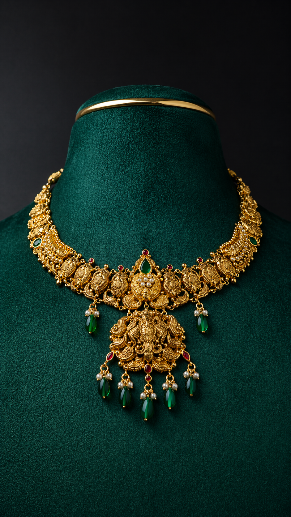 Lightweight 22K gold Lakshmi temple necklace featuring elephant motifs and traditional South Indian craftsmanship with decorative coloured accents.