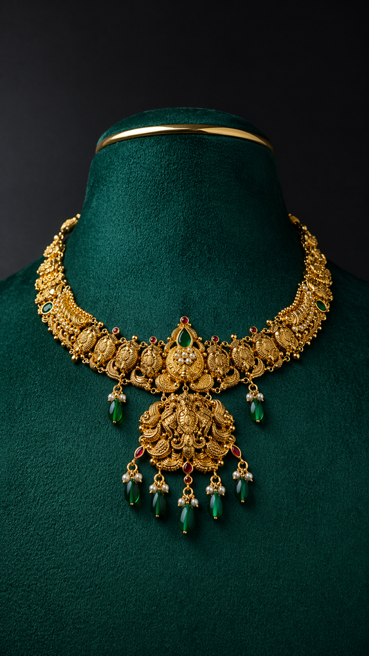 Lightweight 22K gold Lakshmi temple necklace featuring elephant motifs and traditional South Indian craftsmanship with decorative coloured accents.