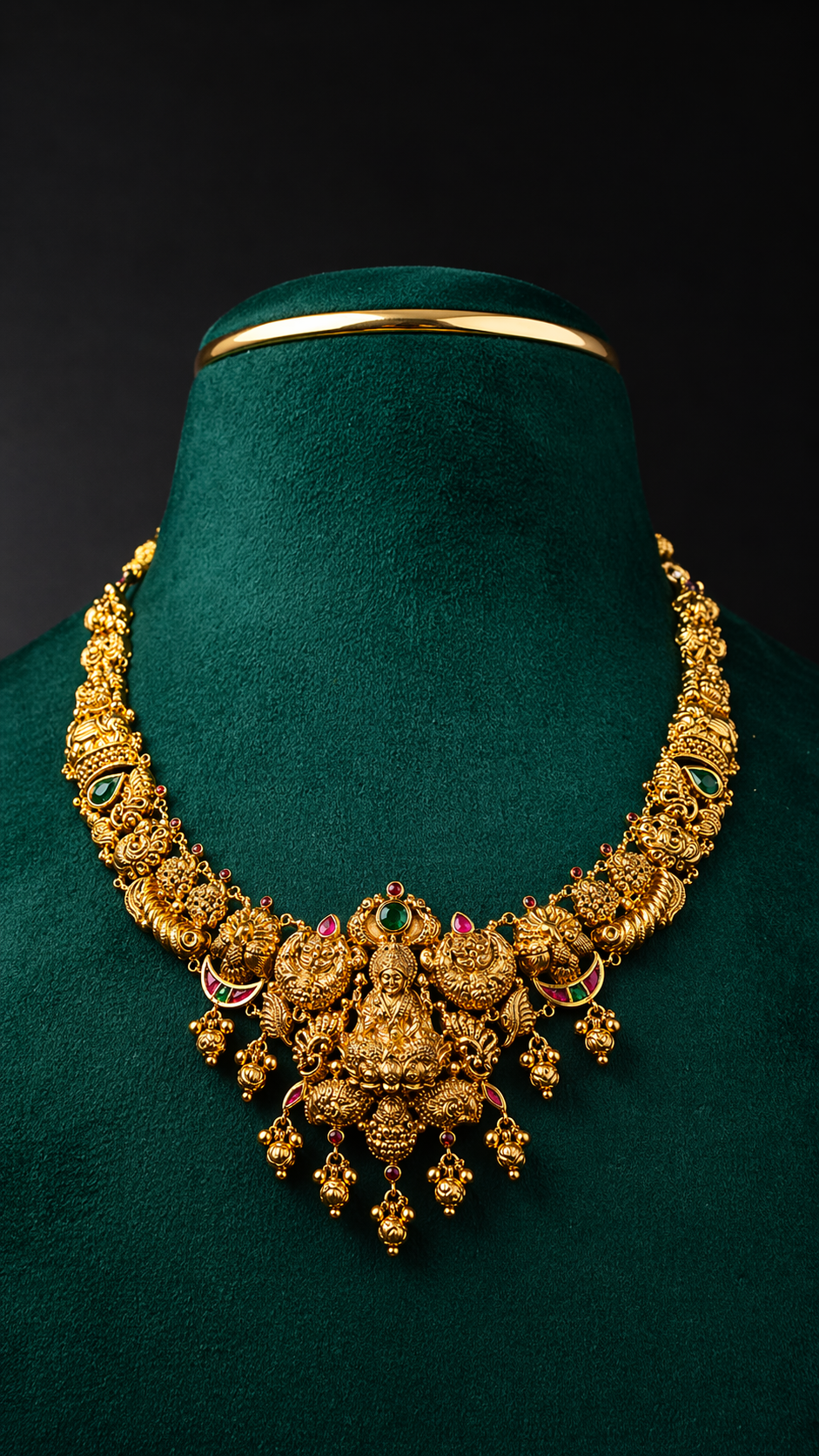 Lightweight 22K gold Lakshmi Yali temple necklace with traditional South Indian craftsmanship and coloured decorative accents.