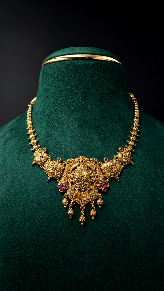Lightweight 22K gold peacock floral short necklace with ruby-inspired accents in a traditional South Indian jewellery design.