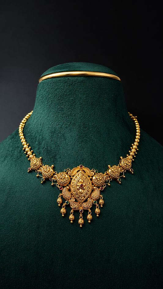 Lightweight 22K gold peacock floral short necklace with ruby and emerald-inspired accents in a traditional South Indian jewellery design.