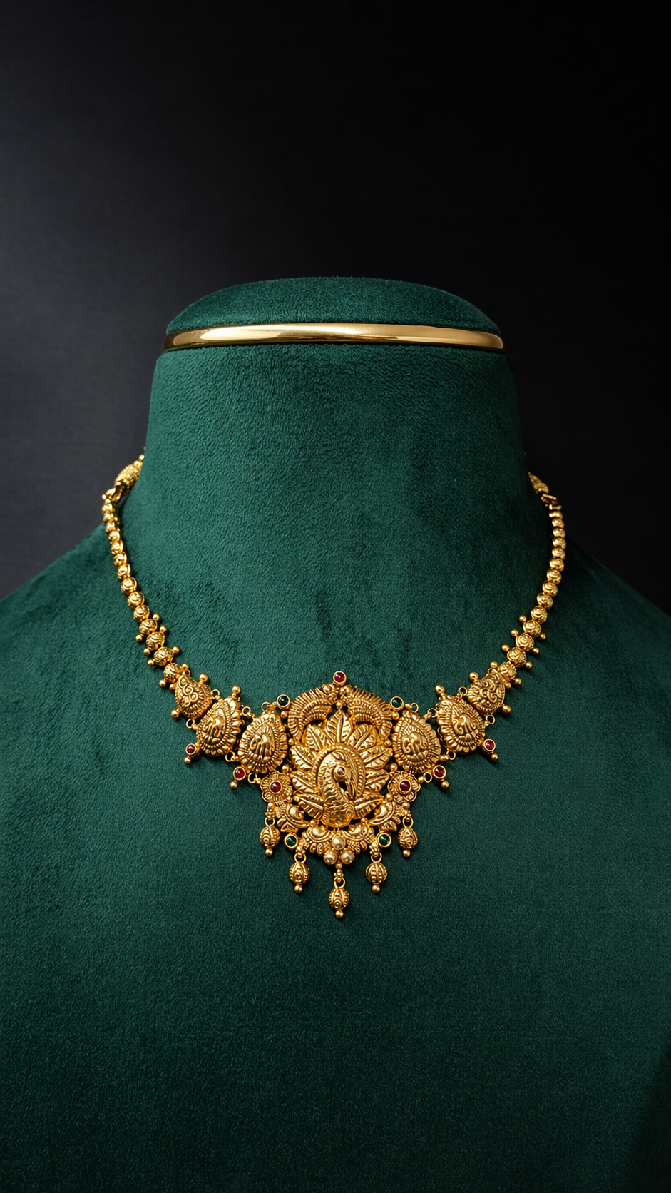 Lightweight 22K gold peacock lotus short necklace with traditional South Indian temple-inspired craftsmanship and coloured decorative accents.