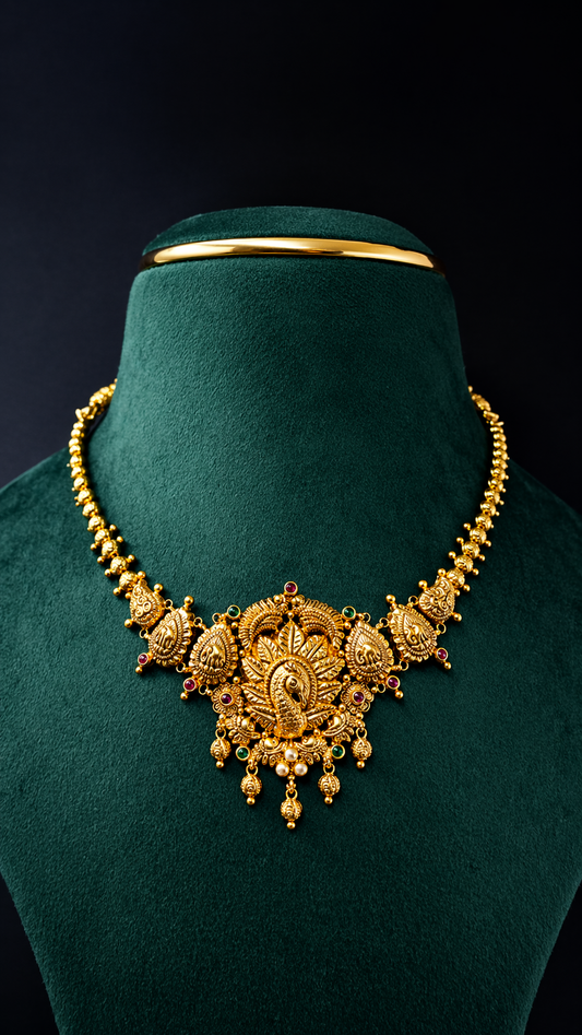 Lightweight 22K gold peacock paisley short necklace with traditional South Indian heritage detailing and coloured accents.