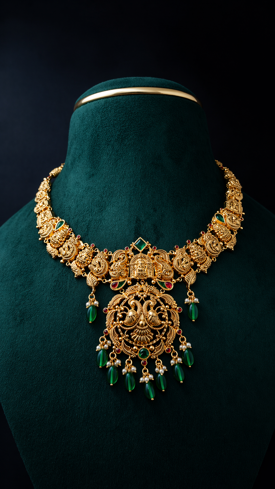 Lightweight 22K gold peacock temple necklace featuring an ornate heritage pendant with decorative coloured accents and hanging bead details.