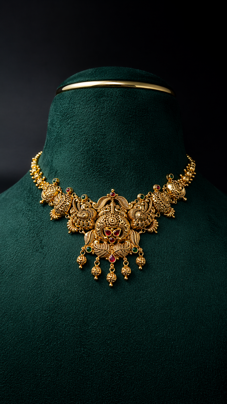 Lightweight 22K gold peacock temple necklace with a heritage floral pendant, decorative coloured accents, and hanging gold bead details.