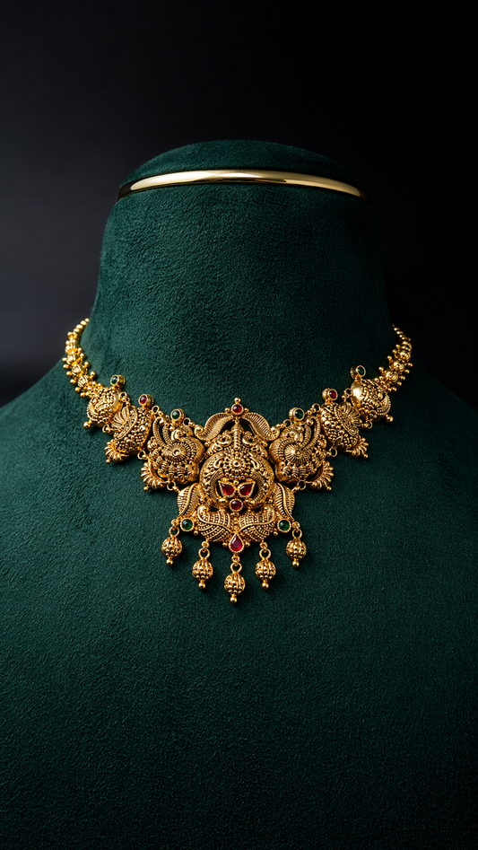 Lightweight 22K gold peacock temple necklace with a heritage floral pendant, decorative coloured accents, and hanging gold bead details.