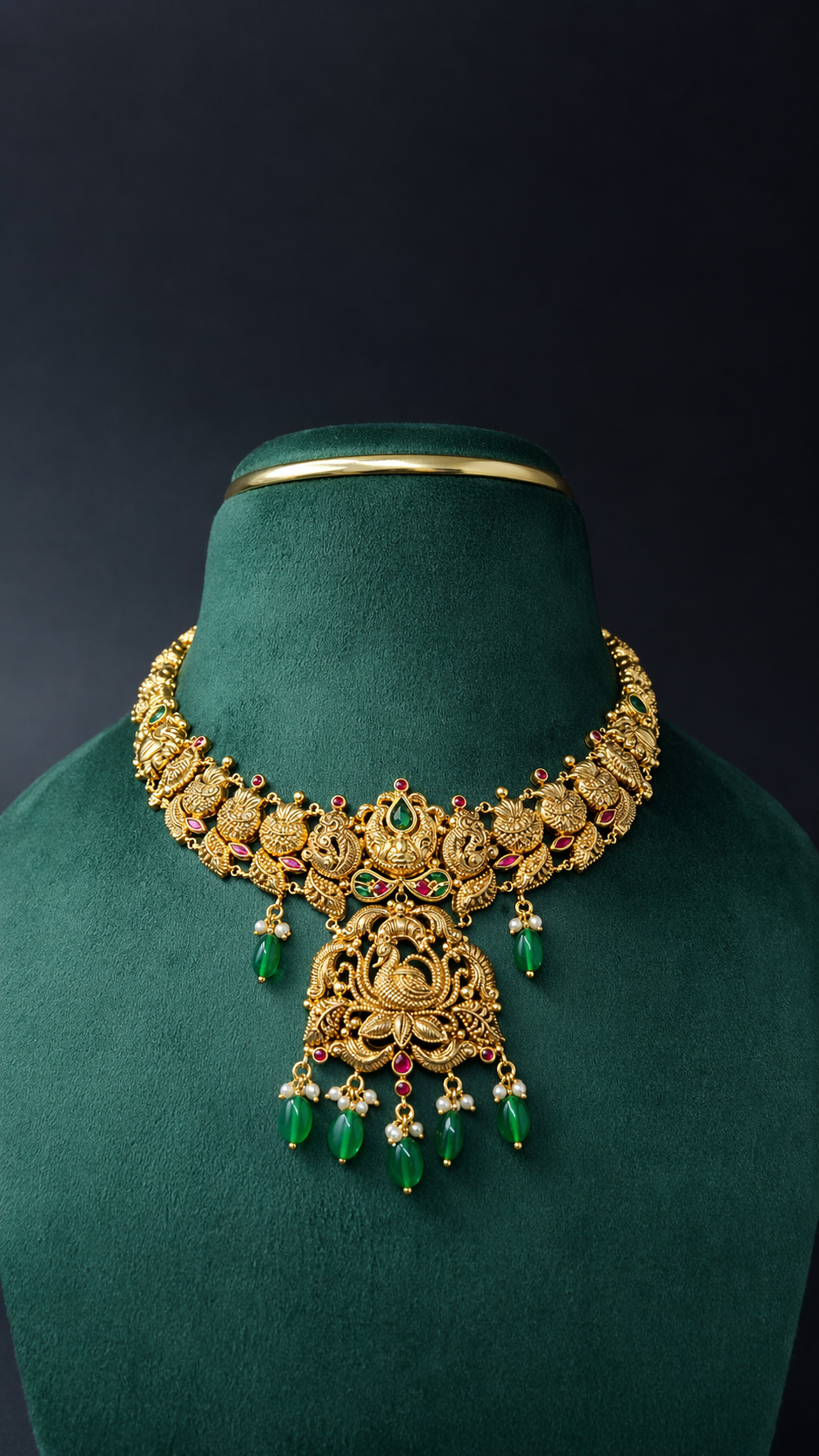 Lightweight 22K gold peacock temple necklace with a heritage swan pendant, decorative coloured accents, and hanging bead details.