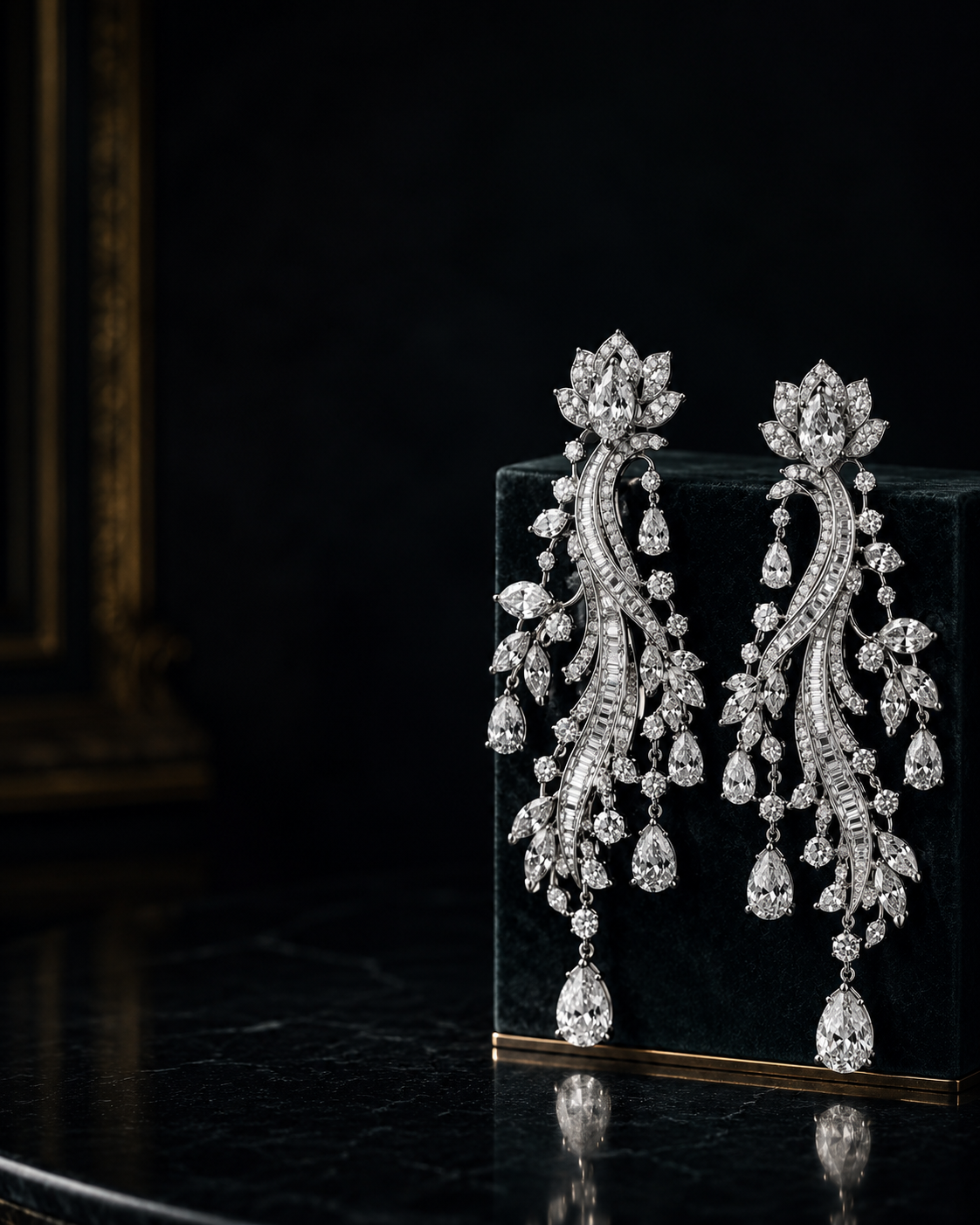 Luxury handcrafted diamond drop earrings by Sculptyx featuring marquise and pear-cut diamonds in an elegant cascading design.