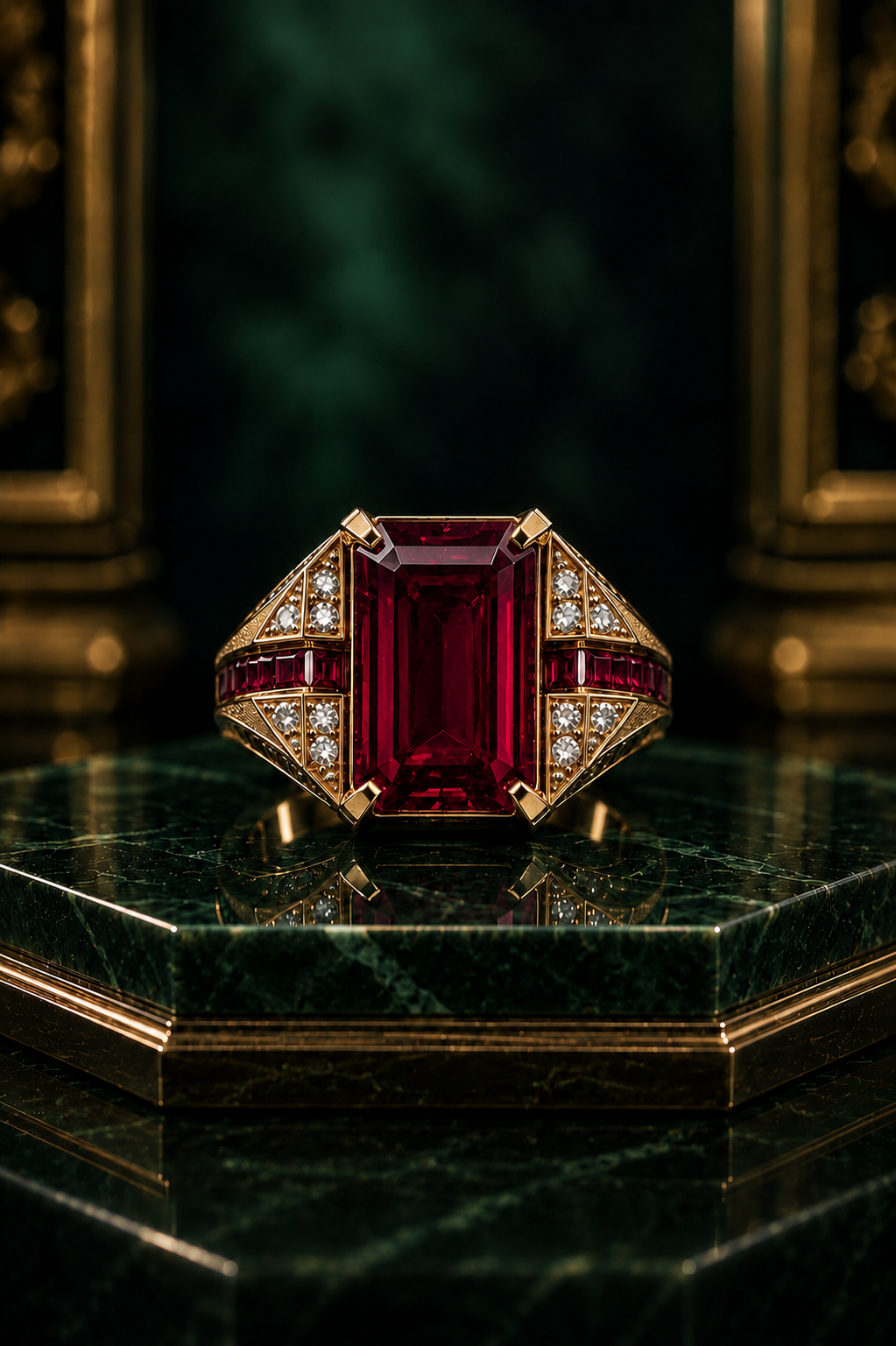 Luxury handcrafted gold statement ring by Sculptyx featuring a large emerald-cut ruby with diamond accents.