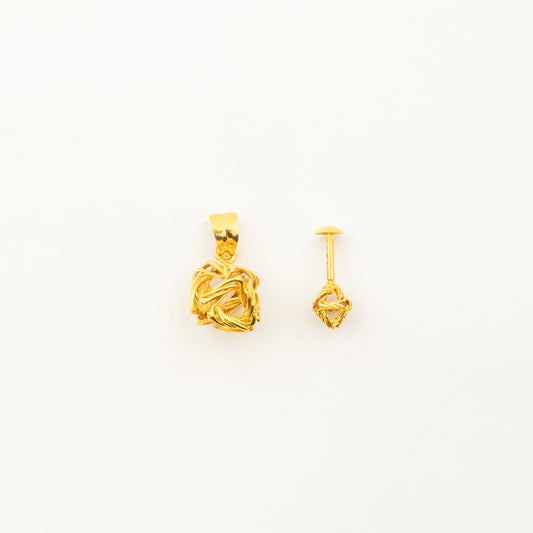Sculptyx Aurora Tangle handcrafted 18K gold jewelry set featuring a matching pendant and nose ring with an intricate openwork lattice design.