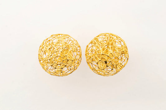 Celestara Orbs 18K gold stud earrings featuring a textured spherical design crafted by Sculptyx.