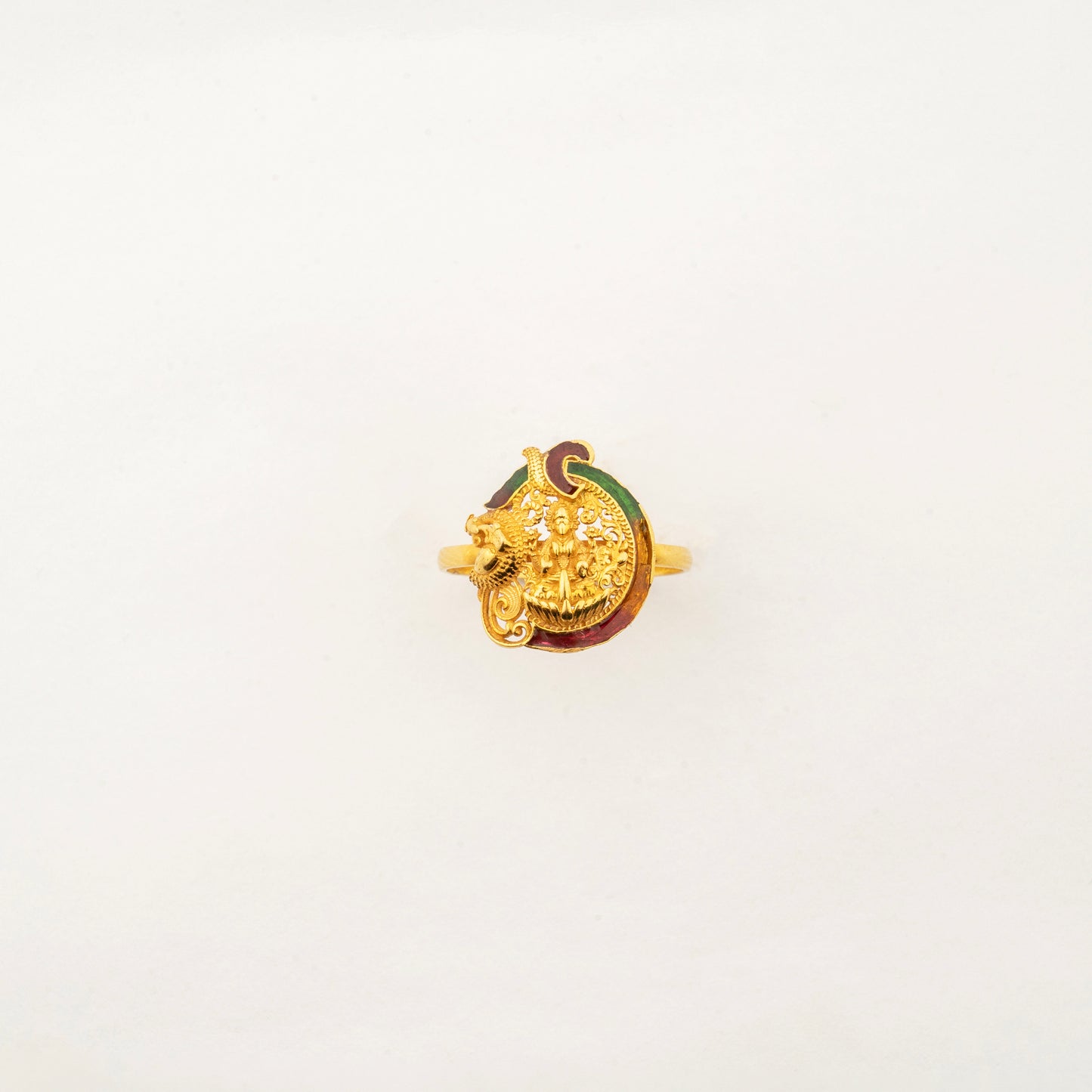 Sculptyx Gold Lakshmi Ring handcrafted in 22K gold featuring an intricate Goddess Lakshmi motif with elegant enamel detailing.