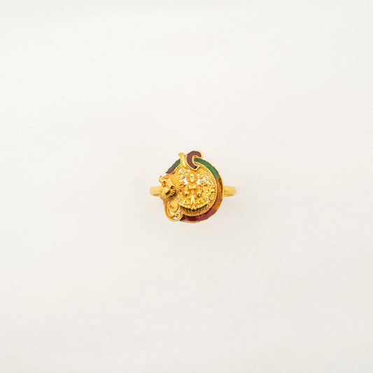 Sculptyx Gold Lakshmi Ring handcrafted in 22K gold featuring an intricate Goddess Lakshmi motif with elegant enamel detailing.