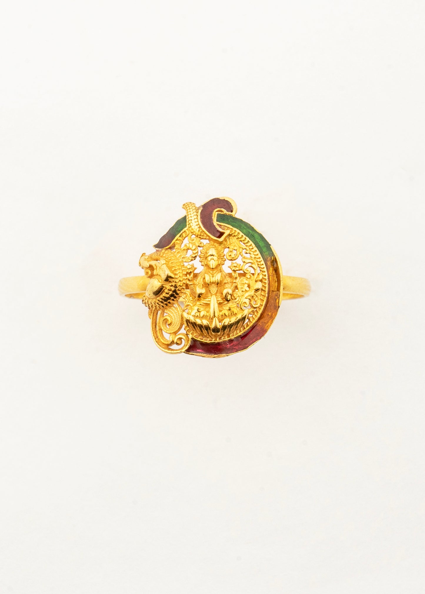 Front view of the Sculptyx Gold Lakshmi Ring showcasing the beautifully detailed 22K gold Goddess Lakshmi design.