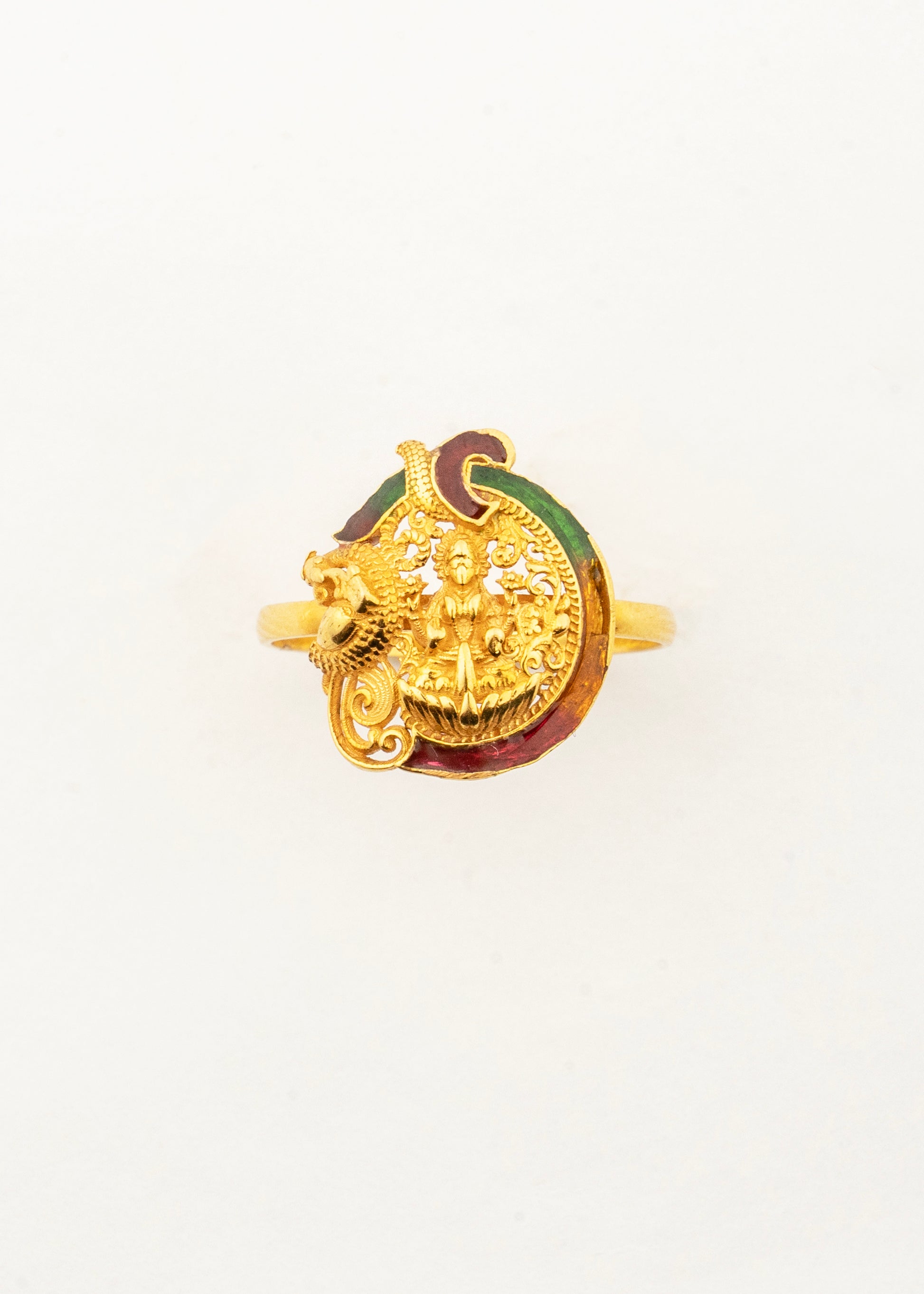 Front view of the Sculptyx Gold Lakshmi Ring showcasing the beautifully detailed 22K gold Goddess Lakshmi design.
