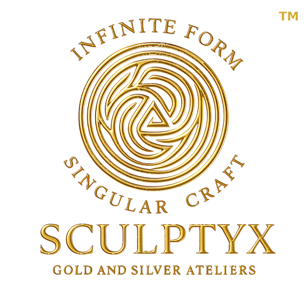 Sculptyx luxury gold jewellery logo featuring the Infinite Form emblem and Gold and Silver Ateliers branding.