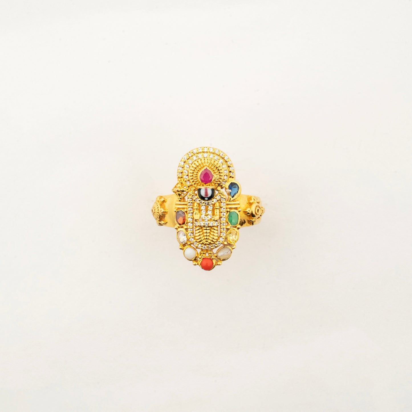 Sculptyx Navaratna Balaji Men's Ring handcrafted in 22K gold featuring Lord Balaji surrounded by traditional Navaratna gemstones in an intricate devotional design.