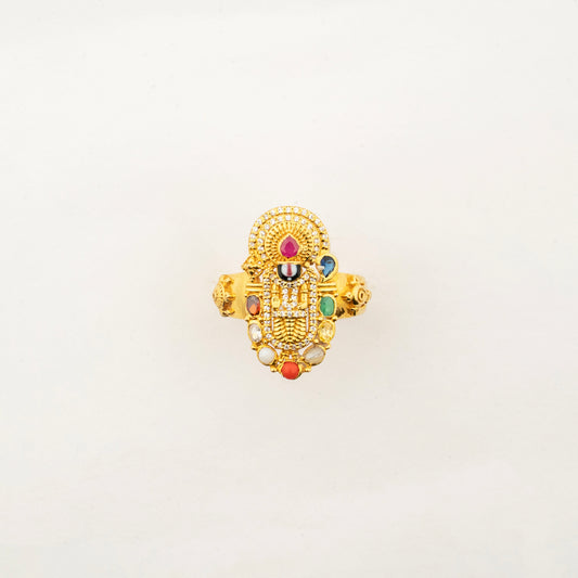 Sculptyx Navaratna Balaji Men's Ring handcrafted in 22K gold featuring Lord Balaji surrounded by traditional Navaratna gemstones in an intricate devotional design.