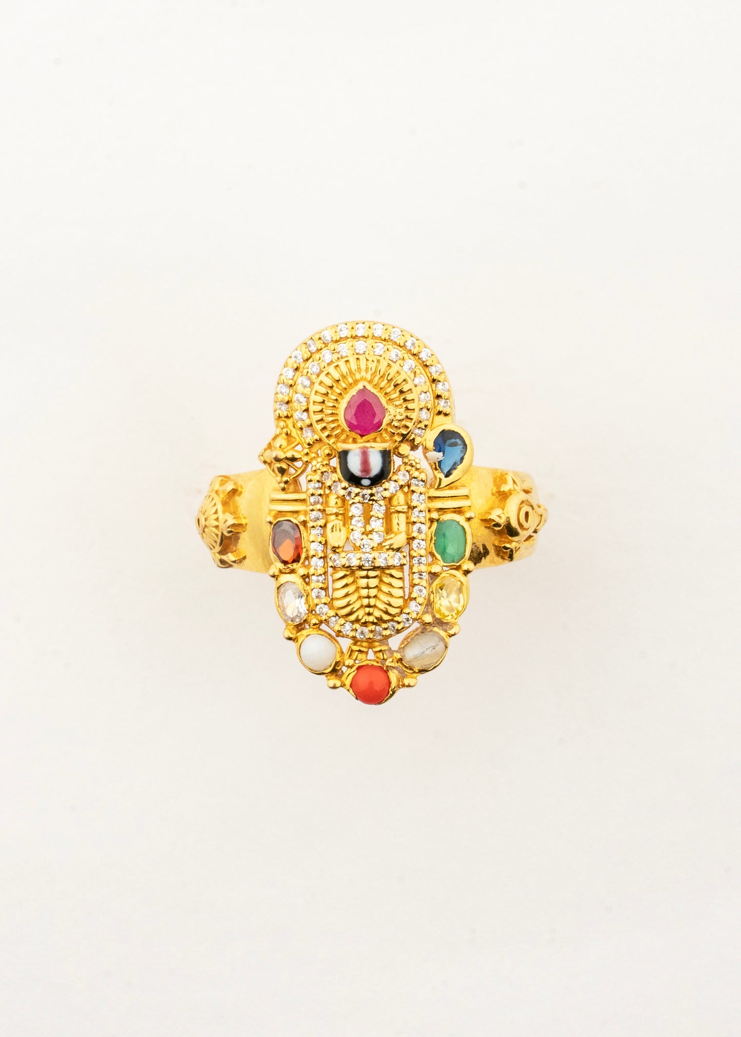 Front view of the Sculptyx Navaratna Balaji Men's 22K gold ring showcasing the detailed Lord Balaji motif with authentic Navaratna gemstones.