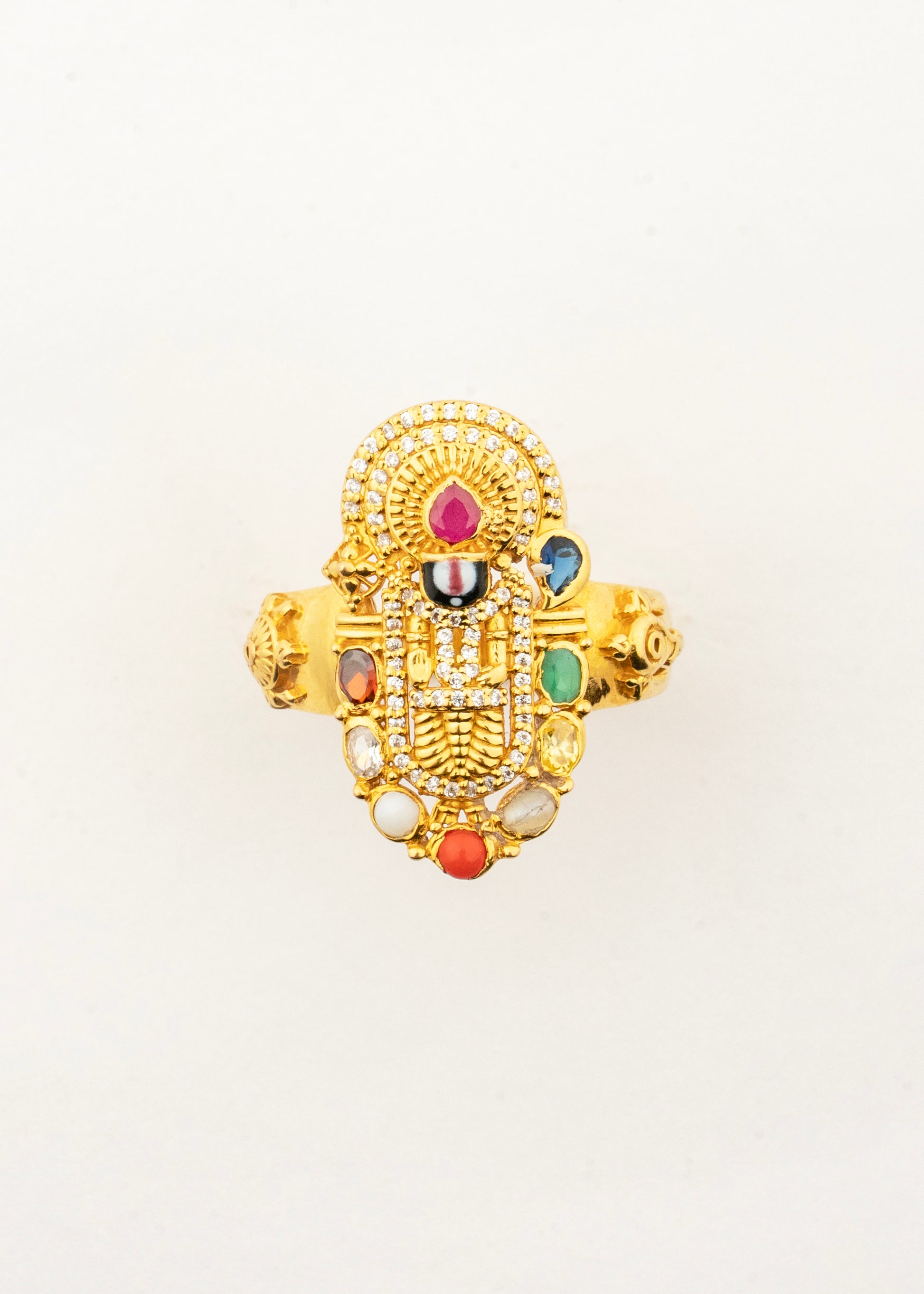 Front view of the Sculptyx Navaratna Balaji Men's 22K gold ring showcasing the detailed Lord Balaji motif with authentic Navaratna gemstones.