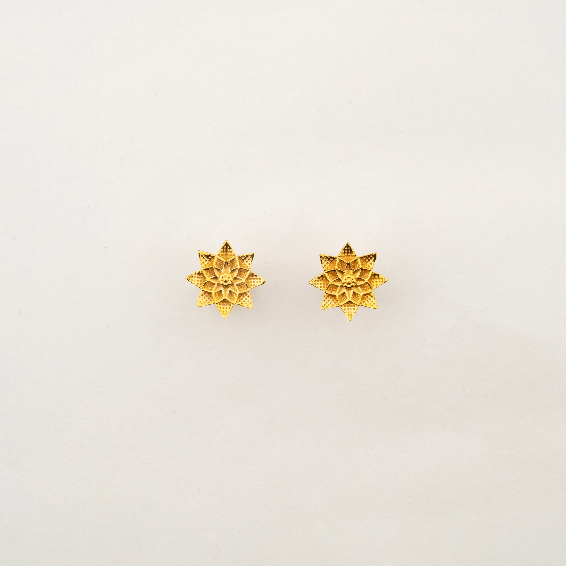 Sculptyx Petralis Array handcrafted 18K gold botanical stud earrings featuring layered petal-inspired detailing and lightweight elegance.
