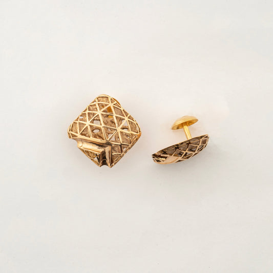 Sculptyx Quadora Gridelle handcrafted 18K gold geometric stud earrings featuring an intricate lattice-inspired contemporary design.