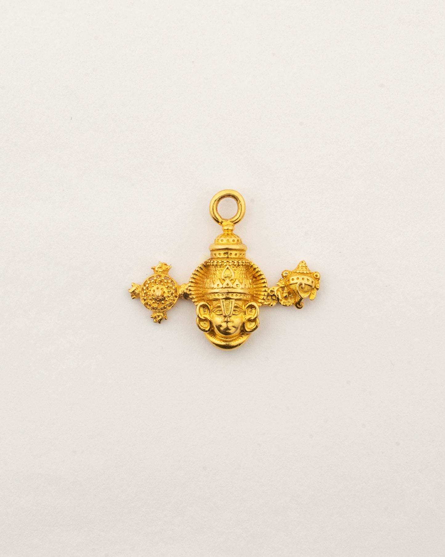 Front view of the Sculptyx Eternal Grace Shree Balaji 22K gold pendant showcasing detailed craftsmanship inspired by Lord Venkateshwara.