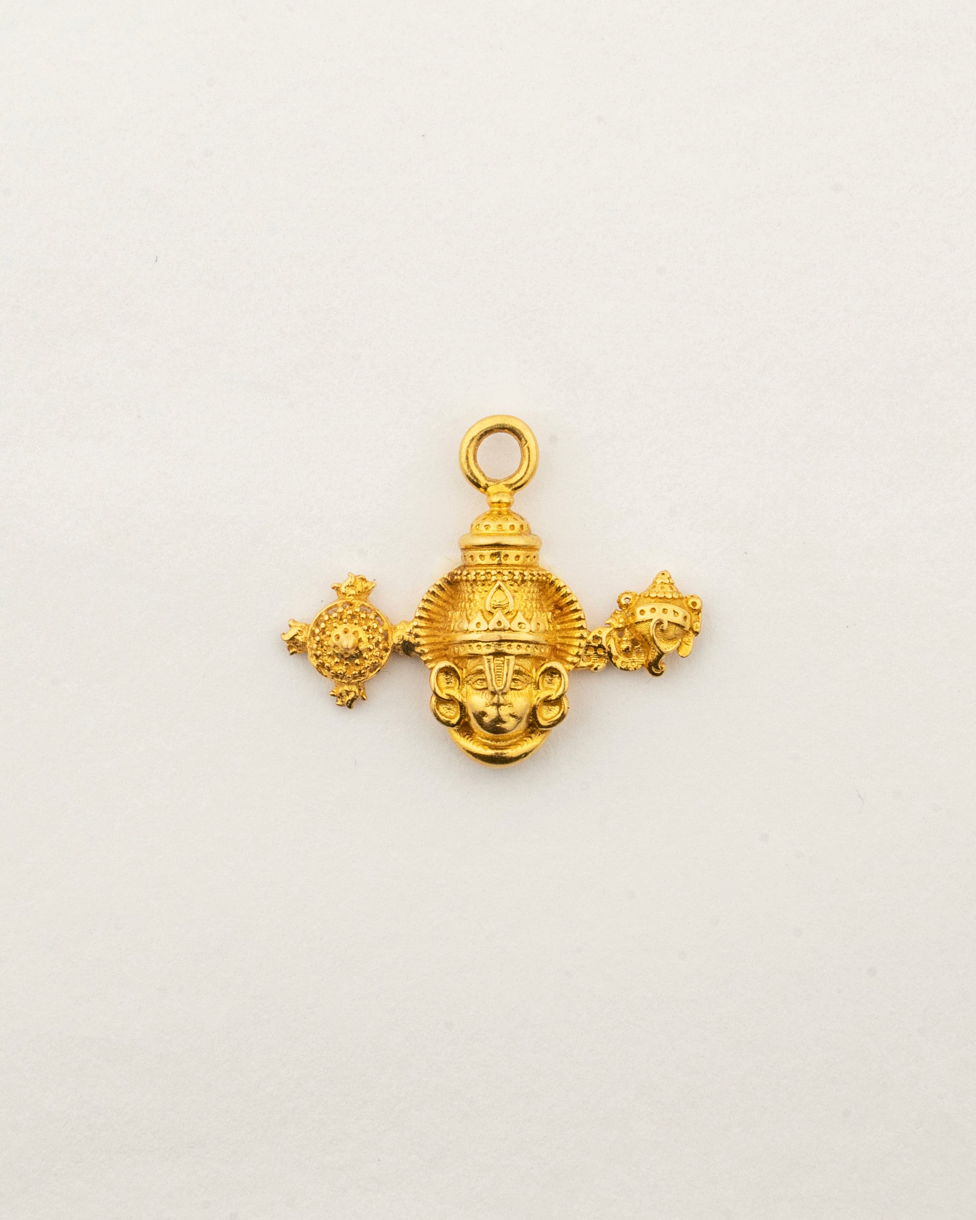 Front view of the Sculptyx Eternal Grace Shree Balaji 22K gold pendant showcasing detailed craftsmanship inspired by Lord Venkateshwara.